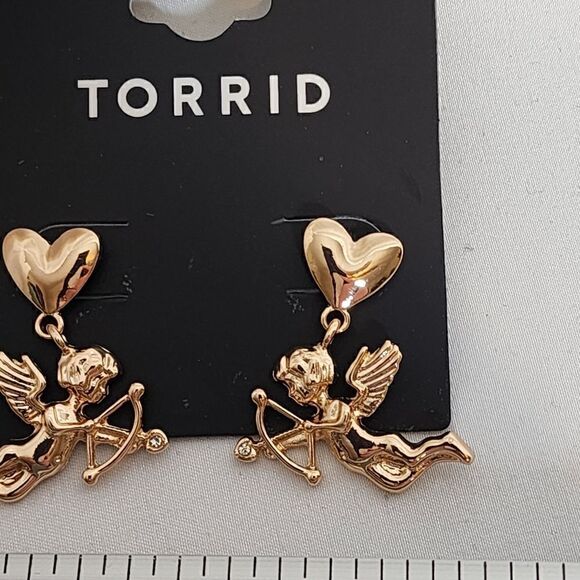 Torrid Gold Cupid Earring Heart Charm Dangle Rhinestone Cherrub Romance 90s Love - Picture 6 of 7